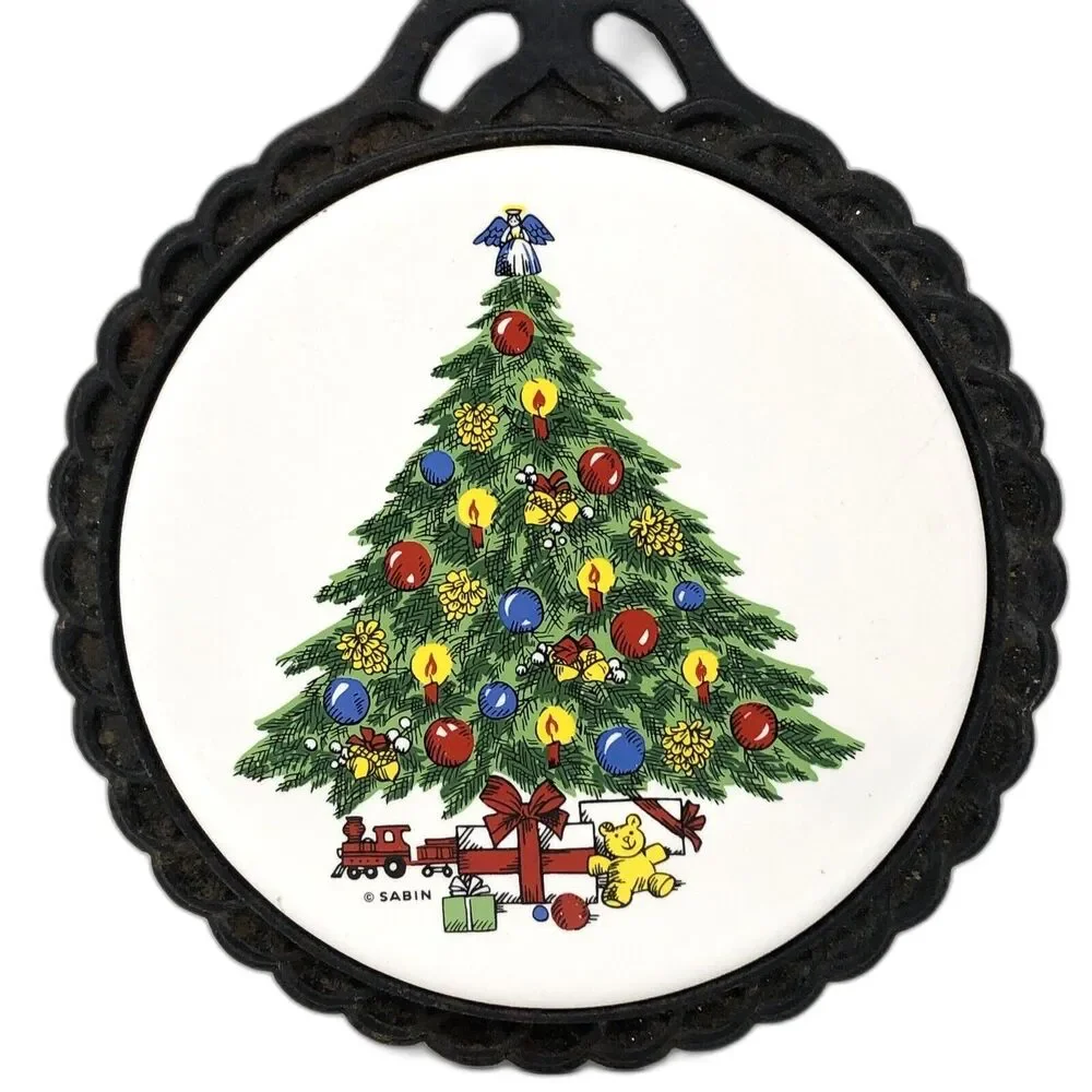 Vintage Cast Iron Trivet 1984 Christmas Tree Ceramic Tile Carlton Mid State USA